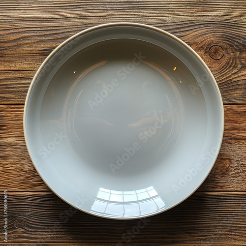 A white plate on a wooden table.