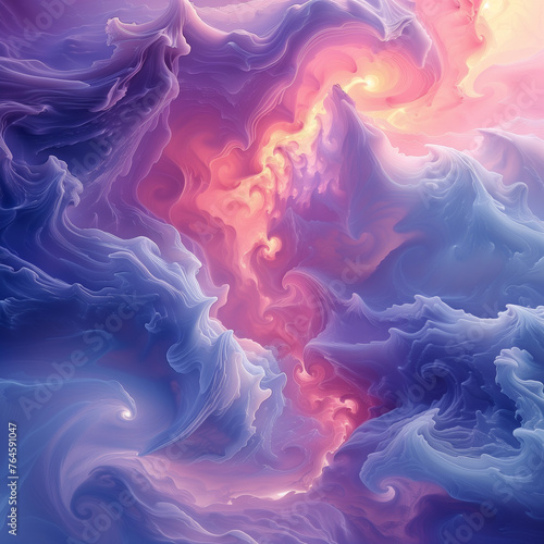 A colorful, abstract painting of a space with a blue and pink swirl