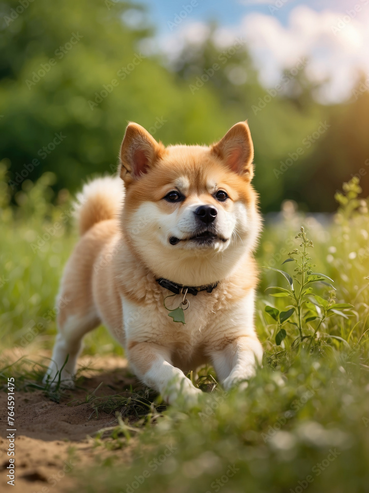 Akita puppy on a walk in the park