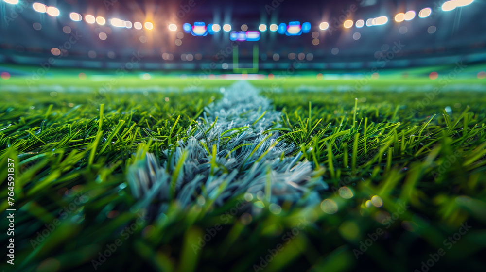 A soccer field with a bright sun shining on the grass - obrazy, fototapety, plakaty 