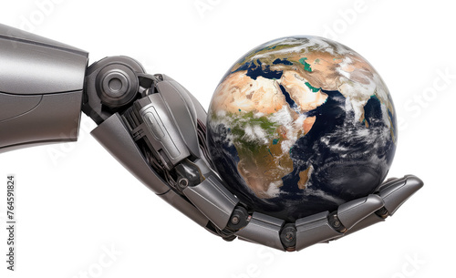 Robot Hand/Arm holding Earth, isolated on white background