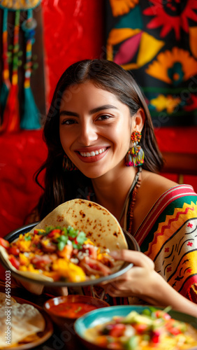 Mexican woman smiling wearing typical clothing eating mexican food in a mexican restaurant.