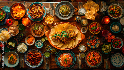 Frontal view of mexican food on vibrant colors table