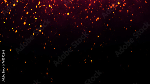 Red Glowing Ember Particles, Dark Glitter Fire Lights Rise Amidst Smoke, Fog, and Misty Texture Over Black Background. Experience the Intensity of Burning Sparks in this Abstract Composition
