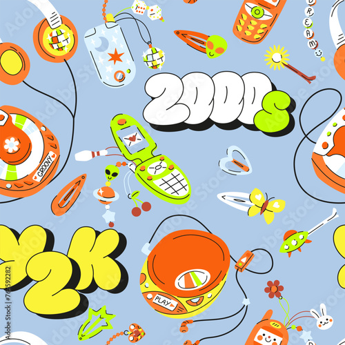 Seamless pattern with Cute retro 2000s CD players, flip mobile phone, hairpin. Hand drawn flat vector y2k glamour accessorise in colored doodle style. Background in 00s nostalgic style.