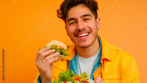 Mexican man smiling while holding mexican food over yellow background with copy space.