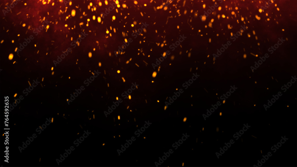 Red Glowing Ember Particles, Dark Glitter Fire Lights Rise Amidst Smoke, Fog, and Misty Texture Over Black Background. Experience the Intensity of Burning Sparks in this Abstract Composition - obrazy, fototapety, plakaty 