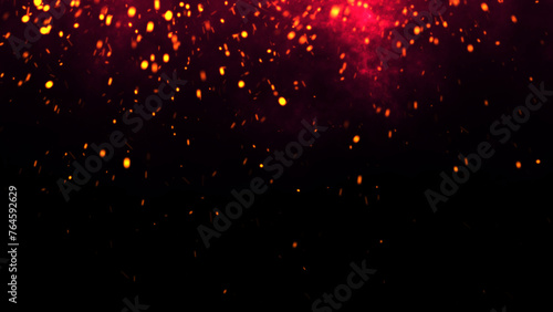 Red Glowing Ember Particles  Dark Glitter Fire Lights Rise Amidst Smoke  Fog  and Misty Texture Over Black Background. Experience the Intensity of Burning Sparks in this Abstract Composition