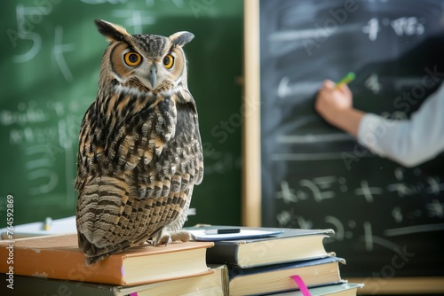 Wallpaper Mural owl seated on a stack of textbooks, person writing on a chalkboard Torontodigital.ca