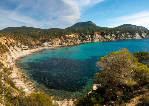 Fototapeta Naklejka Na Ścianę i Meble -  Panoramic view of Cala D´Hort beach, Sant Josep de Sa Talaia, Ibiza, Balearic Islands, Spain