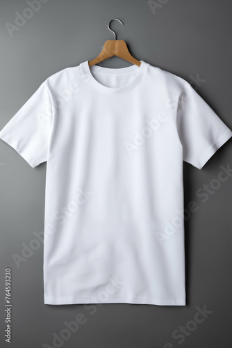 a simple clean white T-shirt as an object on a gray background, as a template for labels and design