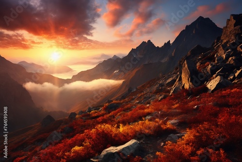 a beautiful landscape with mountains at sunset  sunlight in a dramatic sky with clouds  beautiful nature