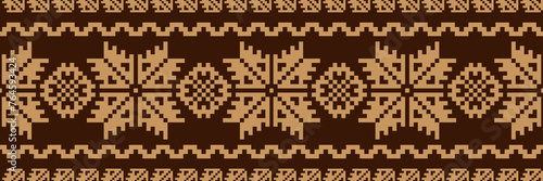 Ethnic geometric embroidery floral border pattern. Vector embroidery folk geometric floral shape seamless pattern. Ethnic cross stitch pattern use for textile border, table runner, tablecloth, etc.
