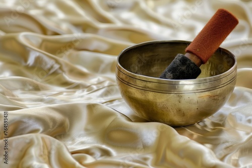 closeup of a singing bowl with a felt mallet on a silk cloth
