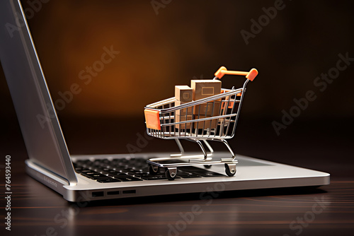 Online shopping concept with miniature shopping cart standing in front of laptop