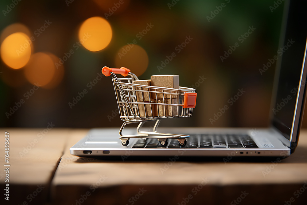 Online shopping concept with miniature shopping cart standing in front of laptop