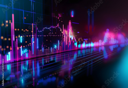 Stock Market Trends Under Blue and Purple Neon Glow: High-Resolution, Dynamic Perspective and Depth in Financial Illustration © Steve
