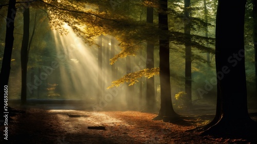 beautiful autumn landscape with fallen leaves in a forest glade at sunset  sunlight and beautiful nature as background