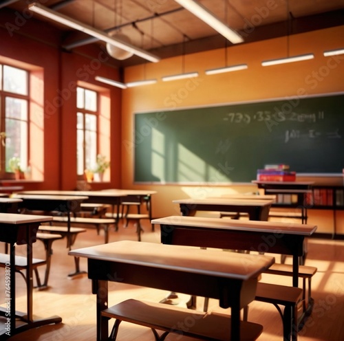 Modern classroom interior, lighty airy room in school for education