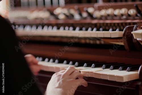 view over the shoulder of an organist pressing organ keys