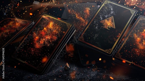 Taro cards on black background with fire effect. Magic occult background.