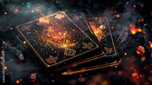 Tarot cards with fire and smoke on black background.