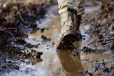 mudsplattered boots walking through puddles