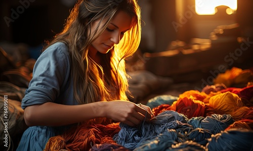 Young Girl Sitting, Working on Yarn