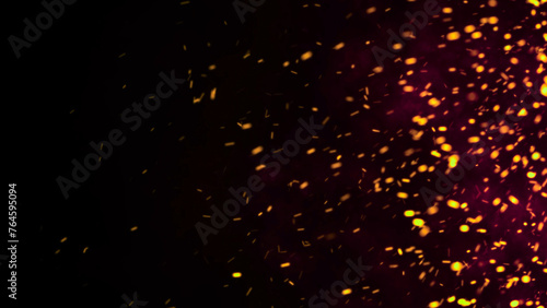 Red Glowing Ember Particles, Dark Glitter Fire Lights Rise Amidst Smoke, Fog, and Misty Texture Over Black Background. Experience the Intensity of Burning Sparks in this Abstract Composition