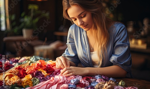 Woman Sewing Fabric at Table