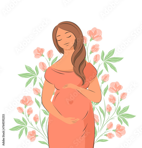 Pregnant woman, future mom. Mother's Day card decorated with flowers. Vector illustration.