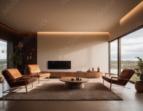 Modern living room interior with leather sofa  pendant light  and TV displaying lightning storm.