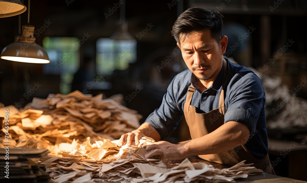 Man in Apron Working on Paper Man in Apron Working on Paper