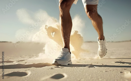 Sneakers kicking up sand on a beach.