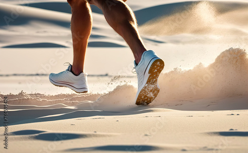 Sneakers kicking up sand on a beach.