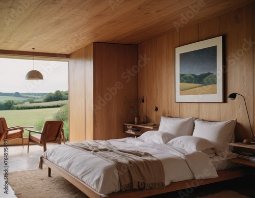 Elegant bedroom interior with wooden walls, a large bed with pillows, bedside lamps, and a framed landscape painting.