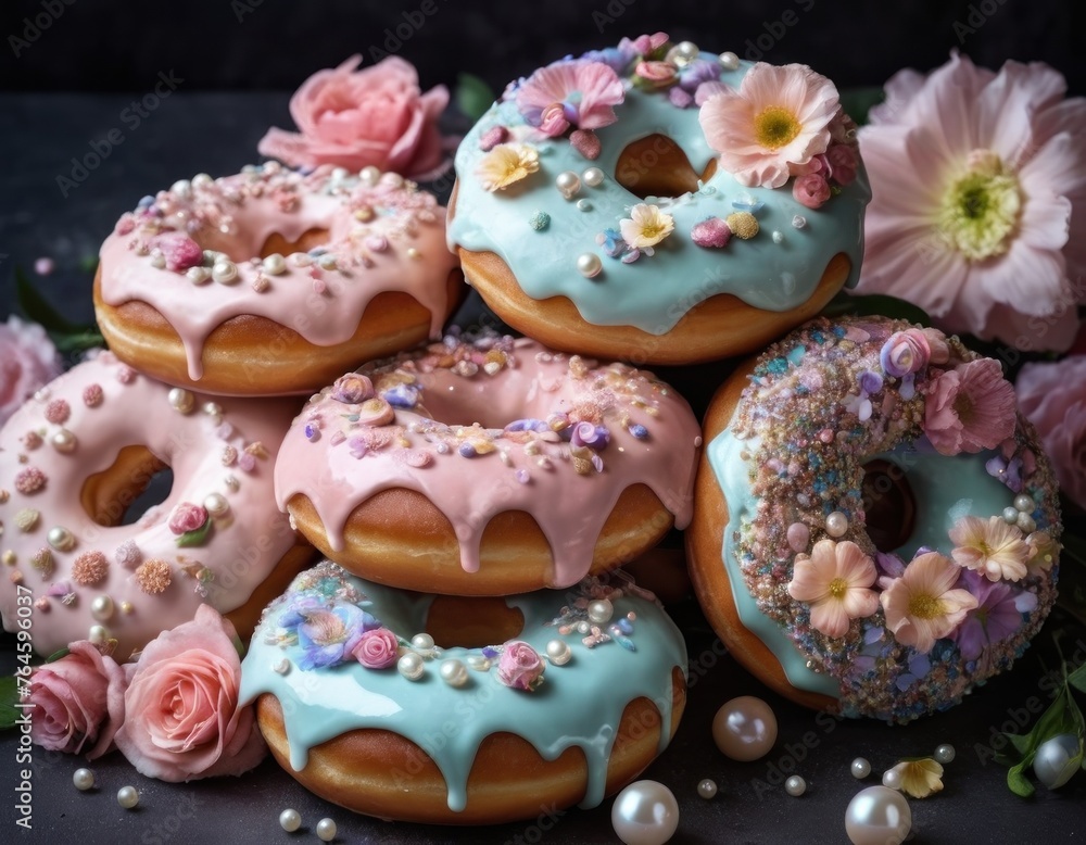 Assorted colorful donuts with icing and sprinkles, decorated with edible flowers, on a dark background with scattered petals.