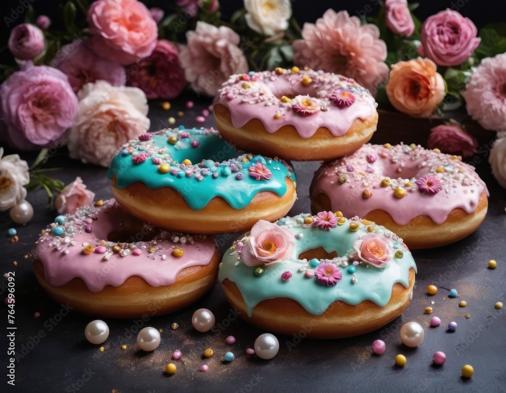 Assorted glazed donuts on a plate with pastel flowers on a dark background.