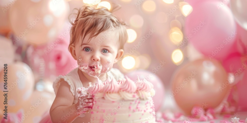 1-year-old baby smash, broken, cake, pink balloons 1-year-old baby smash, broken, cake, pink balloons