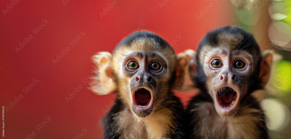 Two baby monkeys with their mouths open and eyes wide. They look surprised and scared. Concept of curiosity and innocence. Capuchin monkeys, Eyes and mouth wide open with a surprised expression