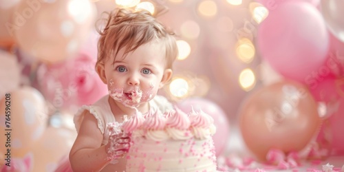 1-year-old baby smash, broken, cake, pink balloons