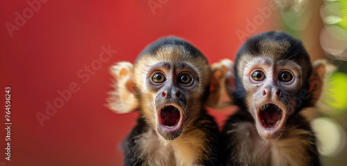 Two baby monkeys with their mouths open and eyes wide. They look surprised and scared. Concept of curiosity and innocence. Capuchin monkeys, Eyes and mouth wide open with a surprised expression © Nataliia_Trushchenko