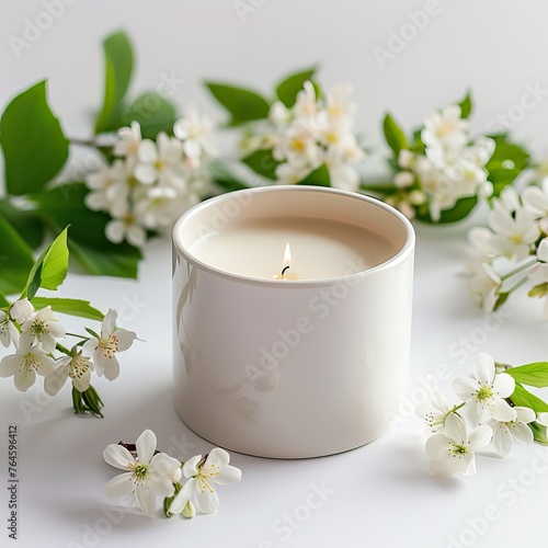 Scented candle in minimalistic design with white flowers on a silky background. Home decor and relaxation concept with copy space for design and print