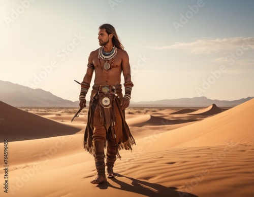 Warrior in traditional attire standing in desert with dunes at sunset.