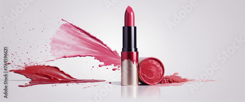 Lipstick and smeared lipstick stains on white banner colorful background photo