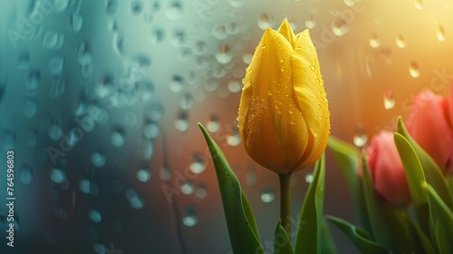 a yellow tulip with water drops on it #764596803