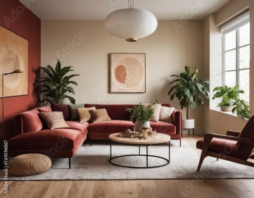 Modern living room interior with red sofa, armchair, decorative plants, and artwork on a terracotta wall. © Liera