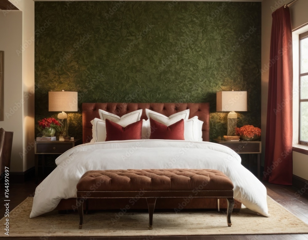 Elegant bedroom interior with red accent wall, decorative mirror, and stylish bedside lamps.