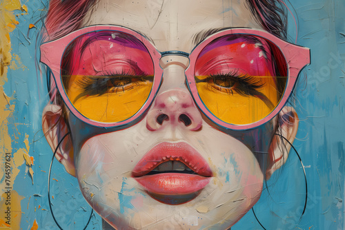 Vibrant pop art painting of a woman's face with pink sunglasses against a blue background.
