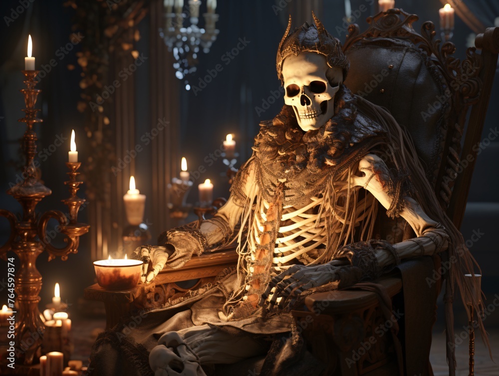 a skeleton sitting in a chair with candles